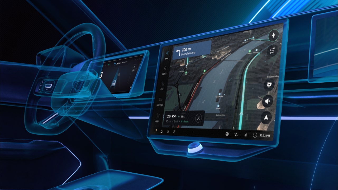 Futuristic car interior with a digital dashboard displaying navigation on a large screen, surrounded by sleek blue lighting.