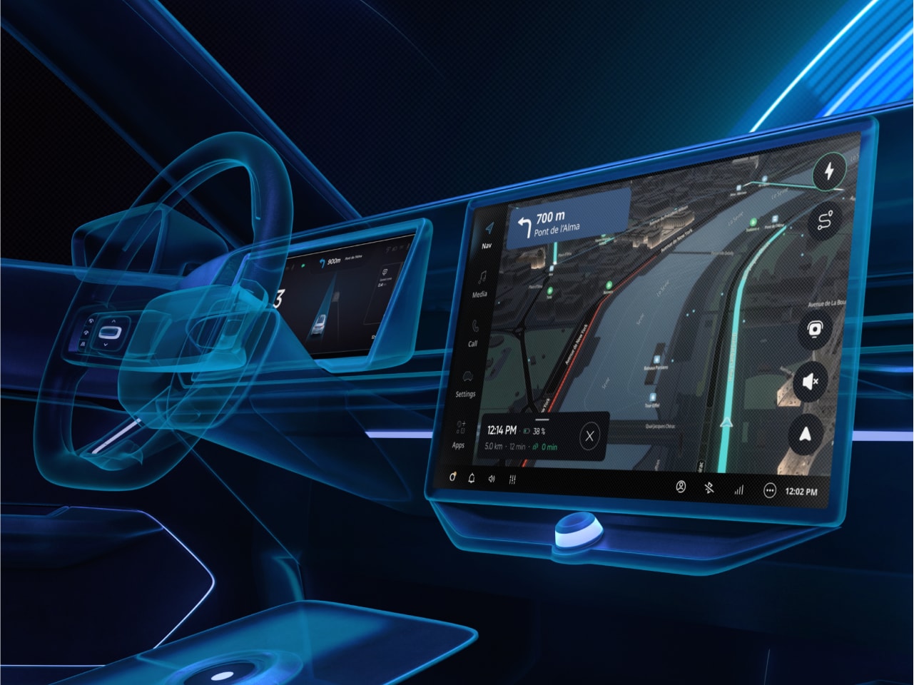 Futuristic car interior with glowing blue accents, featuring a digital dashboard and a large touchscreen displaying a navigation map.