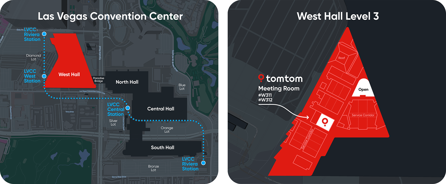 Map of Las Vegas Convention Center, highlighting West Hall and its Level 3 layout with the location of TomTom Meeting Room #W311.