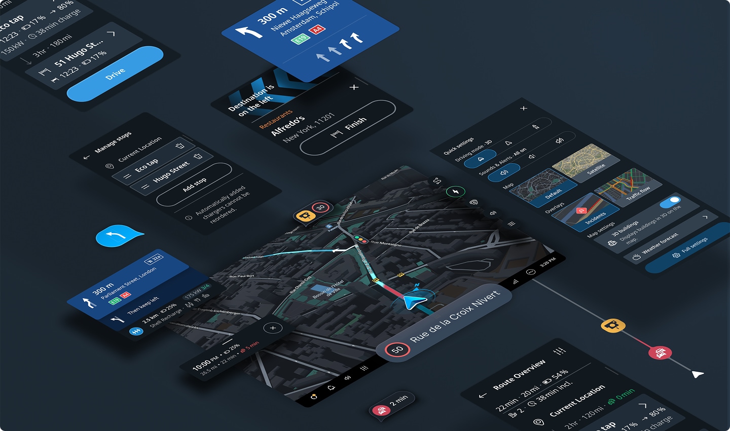 Dark navigation app UI mockup showing a 3D city map with a highlighted route, turn instruction cards, route overview and settings panels.
