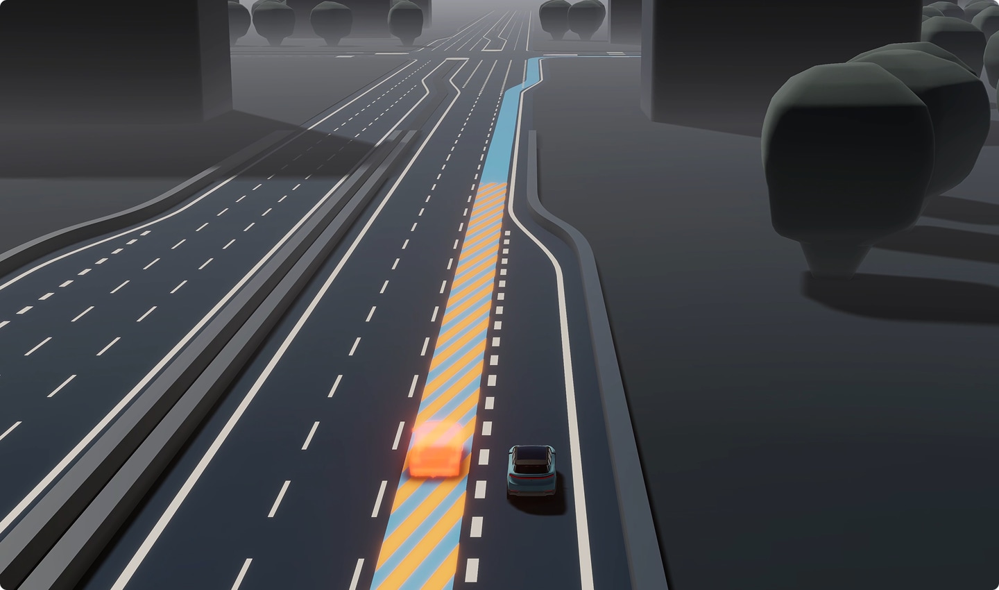 A driving route on a map showing the driver an obstruction in the adjacent lane