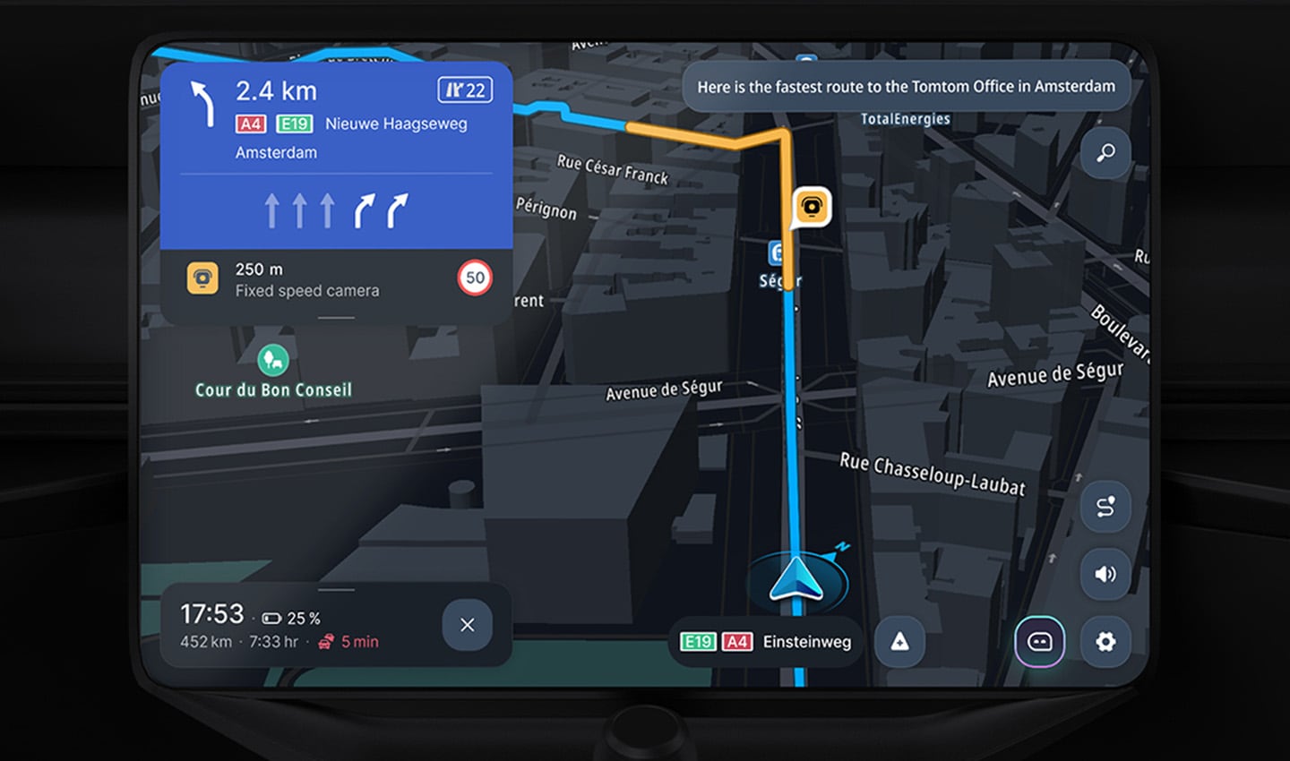 TomTom AI system and in-car navigation screen showing a 3D city map, blue route to Amsterdam, 2.4 km turn instruction, fixed speed camera alert and ETA