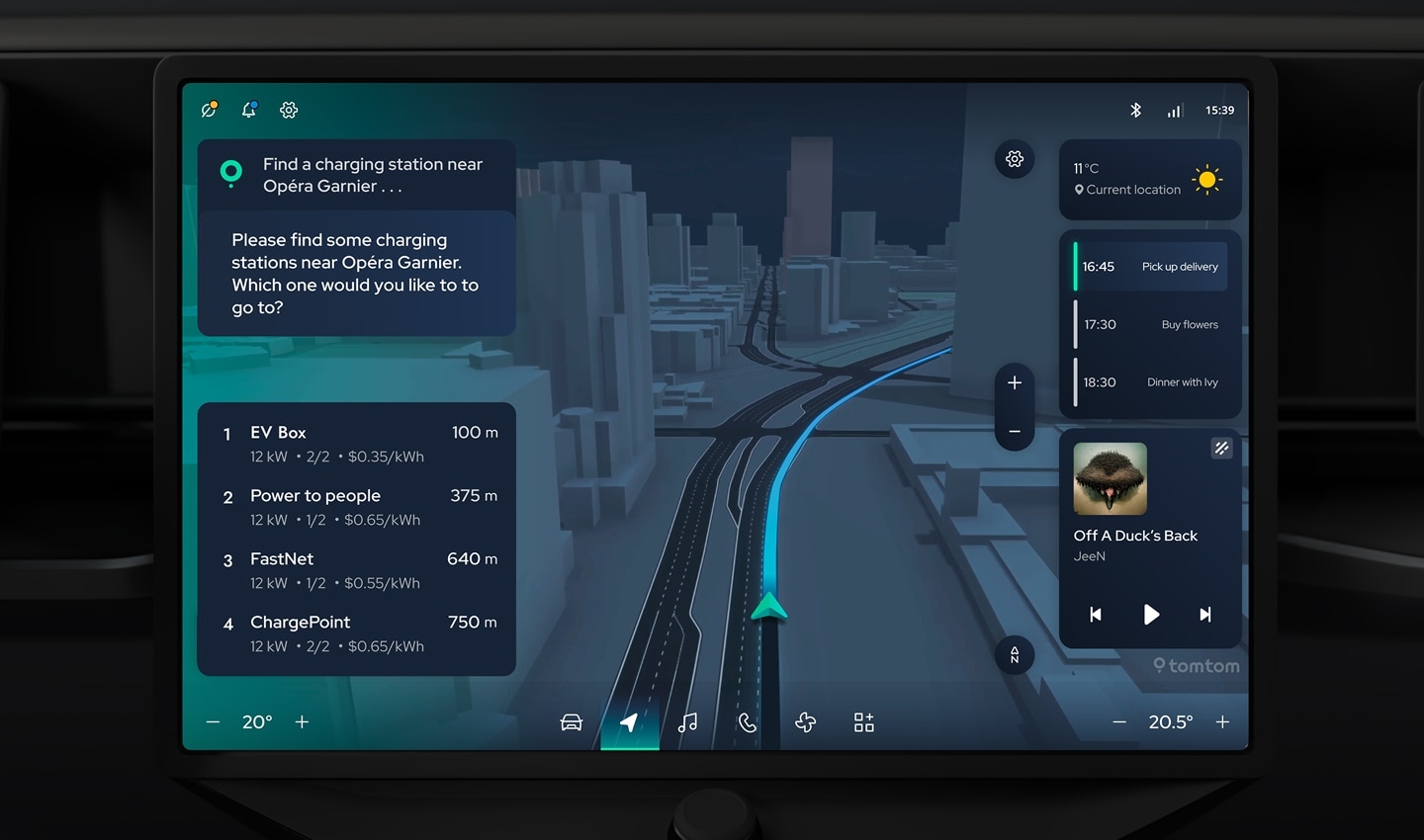 An in-car screen showing navigation, music, weather, EV and AI technology.