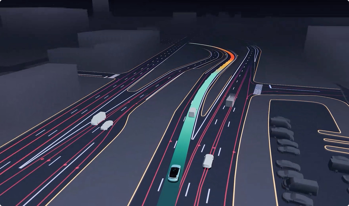 Top-down stylized highway map showing cars and a self-driving vehicle's green highlighted trajectory through multiple lanes.