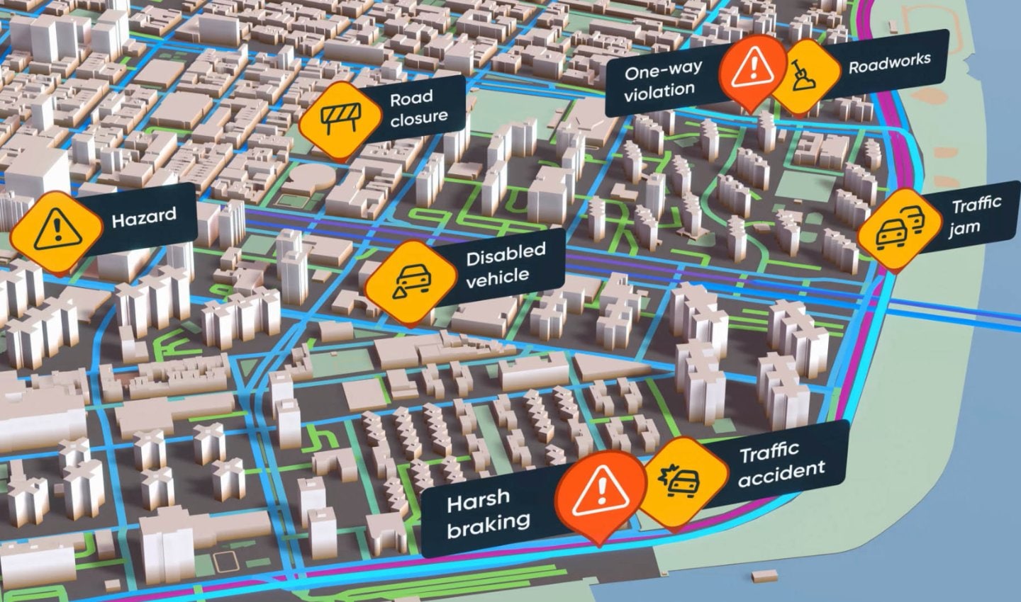 Data shows driver behavior on the road such as harsh braking, one-way violation etc.