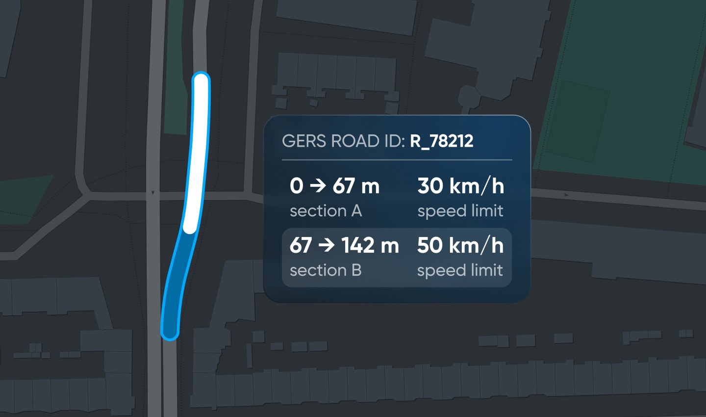 Map showing a road with sections labeled A and B, displaying speed limits: 30 km/h for 0-67m, and 50 km/h for 67-142m. Road ID: R_78212.