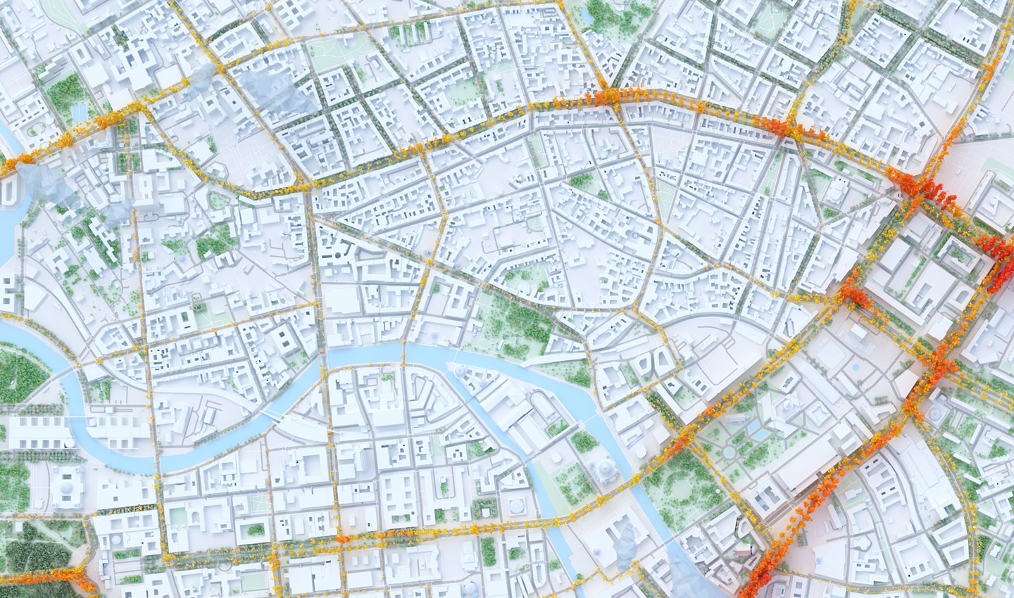 A detailed city map with orange and yellow highlighted roads intersecting a river and various green park areas.