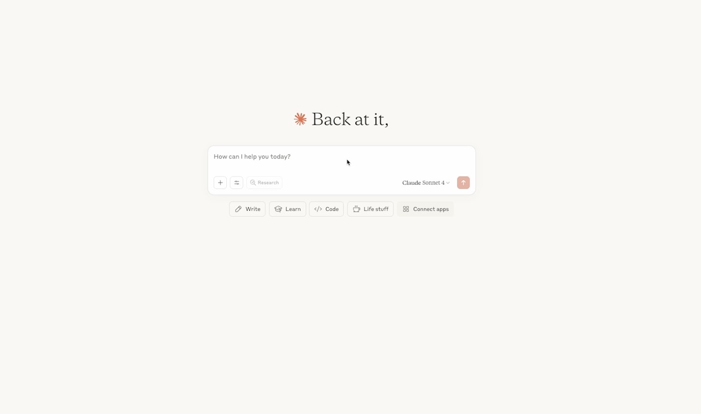 Minimalist interface with a search bar asking, "How can I help you today?" Options include Write, Learn, Code, Un-stuff, and Connect apps.