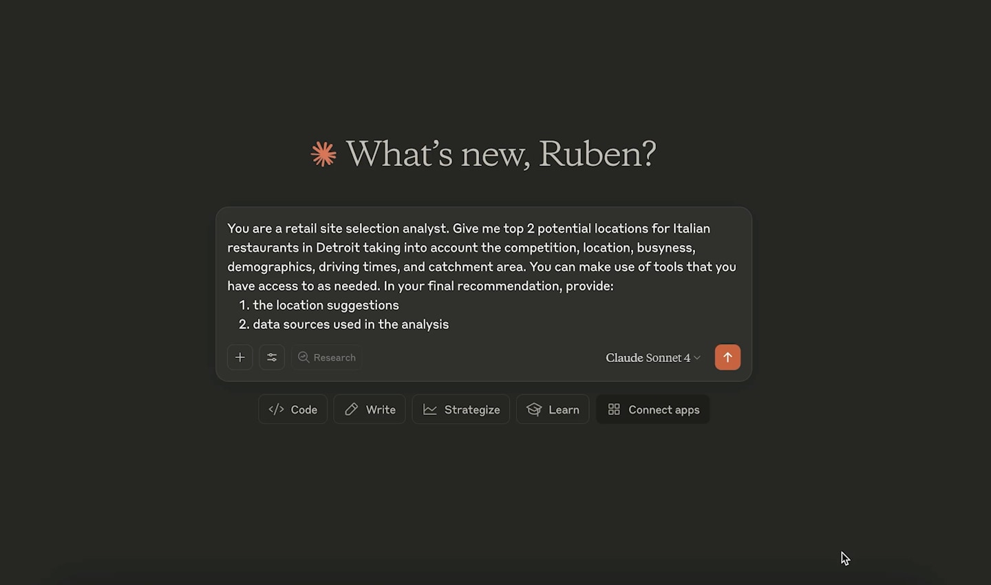 A dark-themed interface with a prompt about selecting locations for Italian restaurants in Detroit, focusing on competition and demographics.