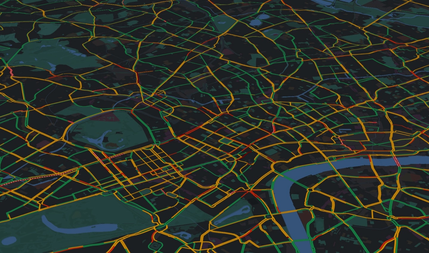 Dark map with colored roads indicating traffic conditions, showing green for smooth, yellow for moderate, and red for heavy traffic.