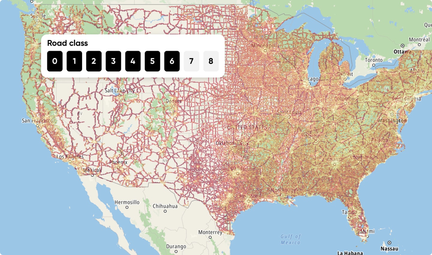 Map of the contiguous United States showing colored road network and a road-class selector with buttons labeled 0–8.