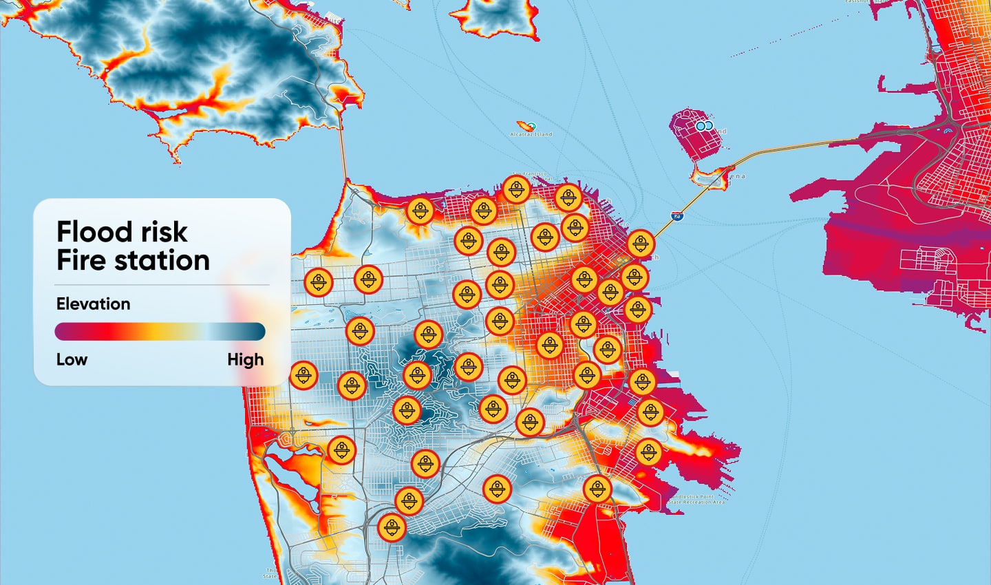 Map of San Francisco shows flood risk and fire station locations. Areas are color-coded by elevation, indicating low to high flood risk.