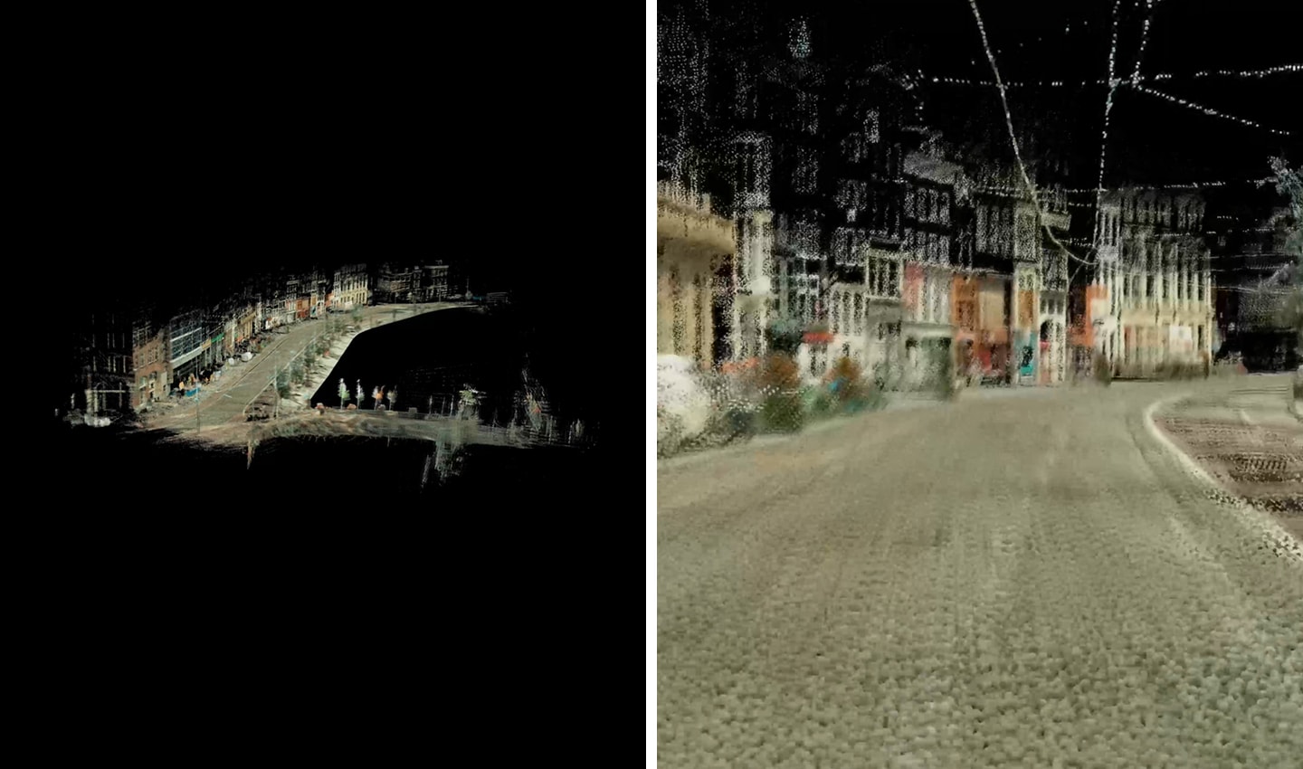 Two side-by-side images of LiDAR point cloud images, derived from mobile mapping vehicles