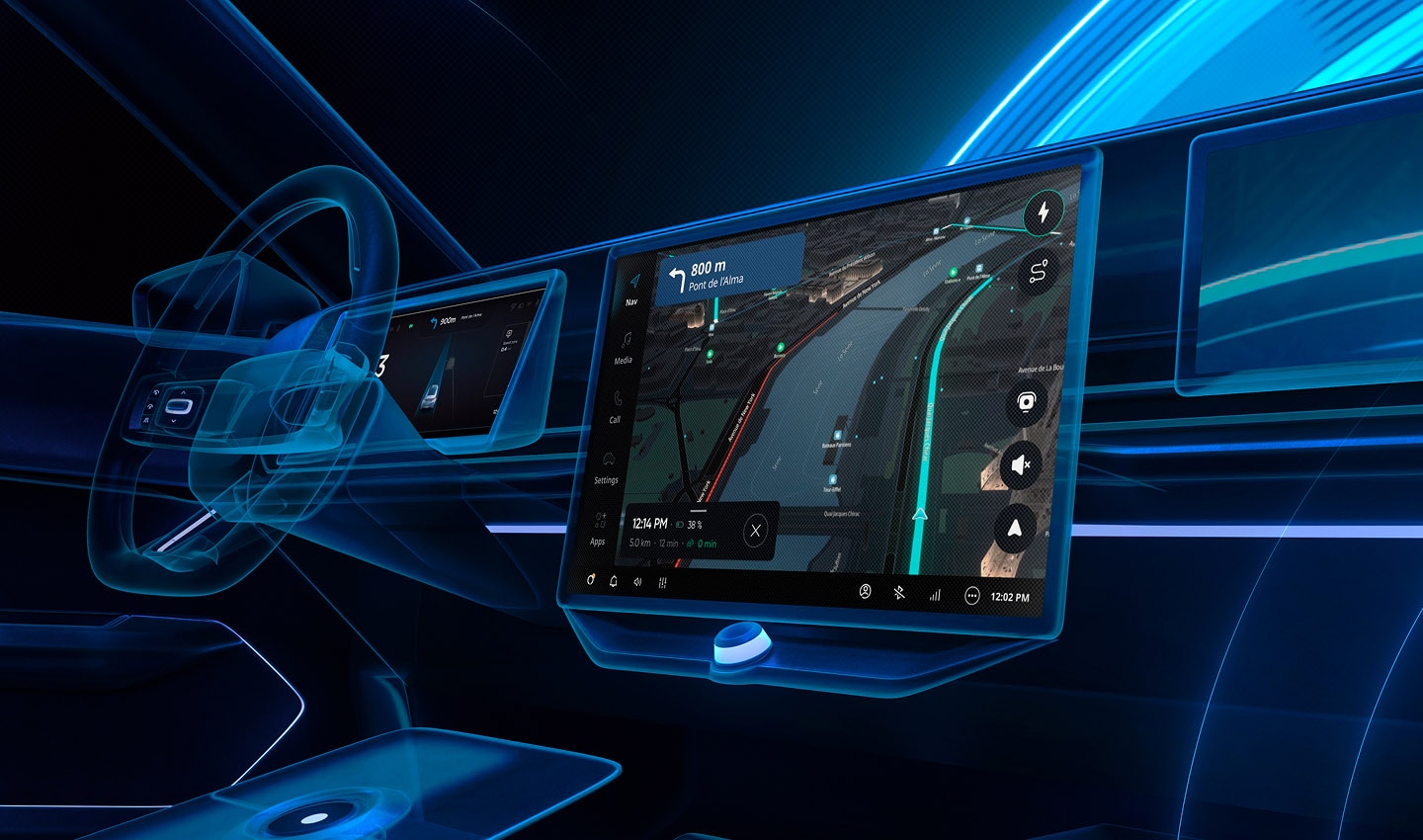 Car interior with digital dashboard displays, including navigation, in a sleek, blue-lit design.