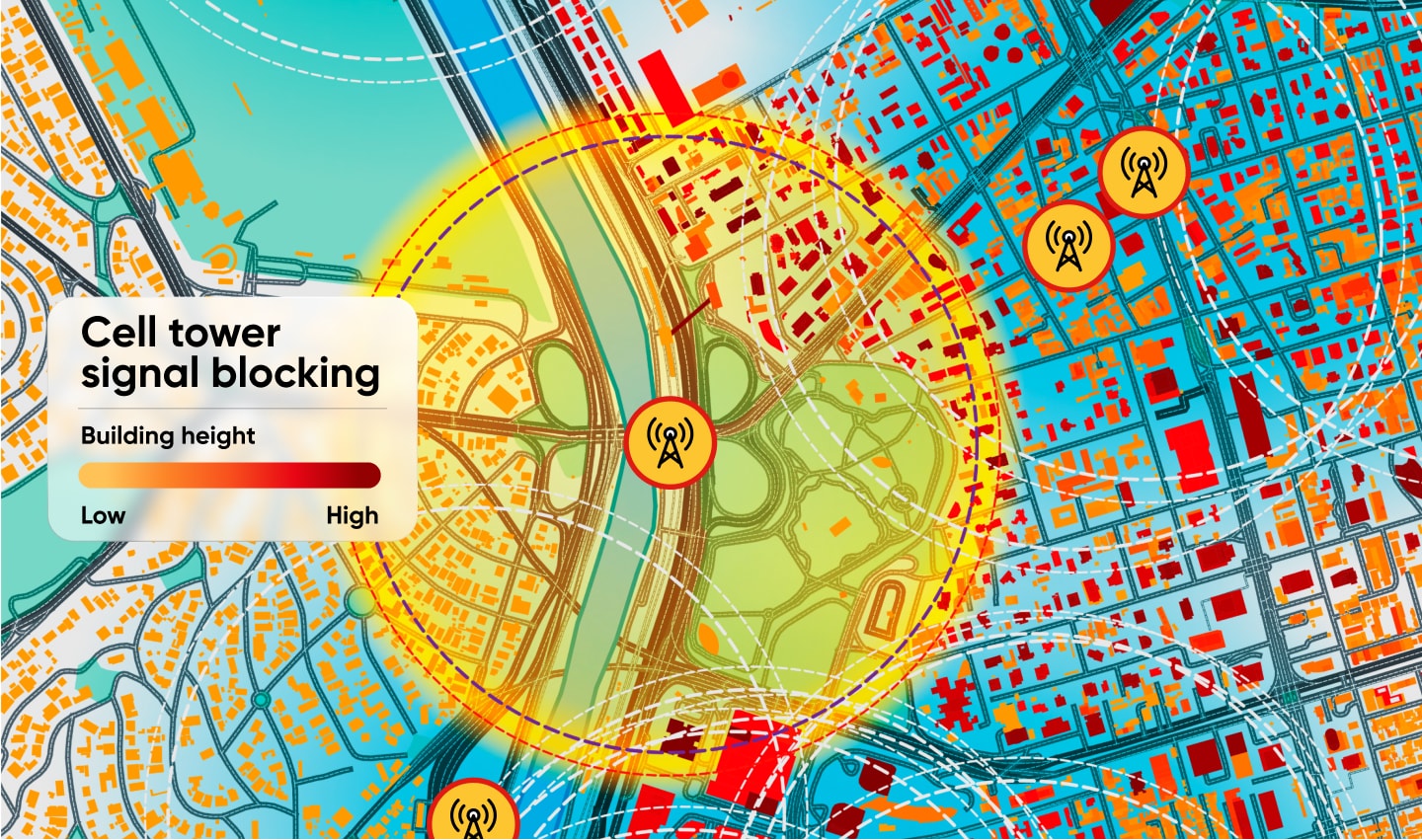Map showing cell tower signal blocking due to building heights, with color-coded areas indicating signal strength from low to high.