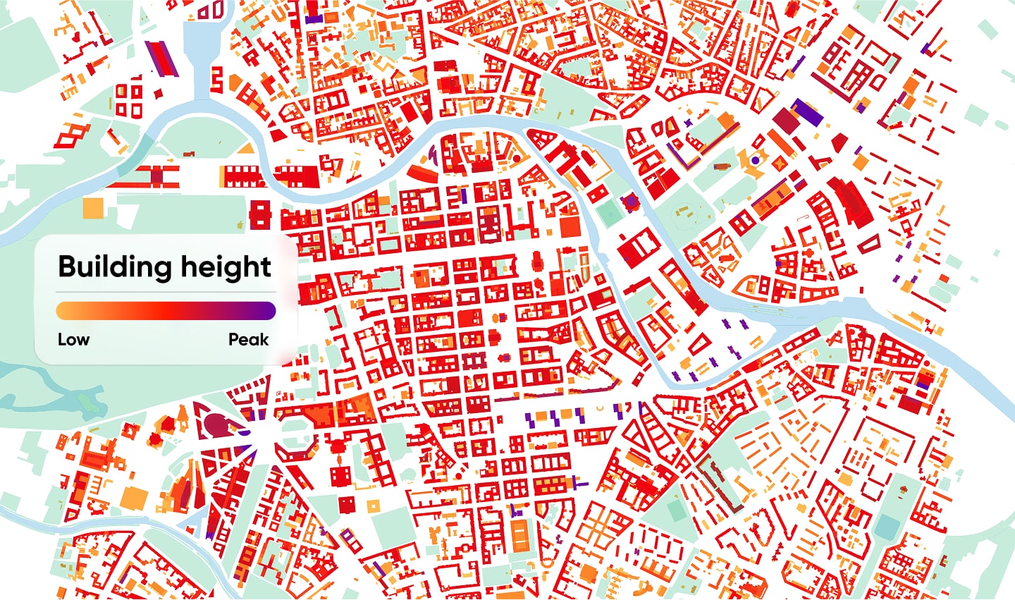 Color-coded map showing building heights in a city, with a gradient from low (light colors) to peak (dark colors).