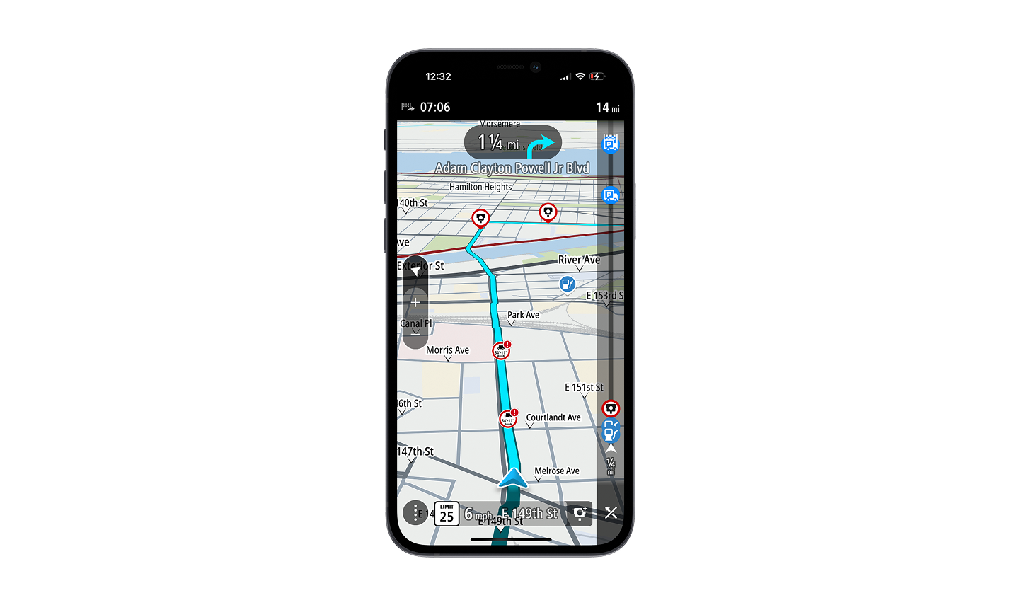 Smartphone displaying a GPS navigation app with a route highlighted in blue, showing distance, time, and traffic alerts on a city map.