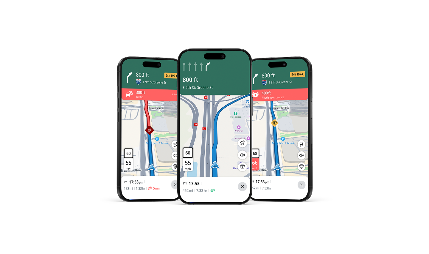 Three smartphones display GPS navigation maps with routes, traffic alerts, and speed limits on their screens.