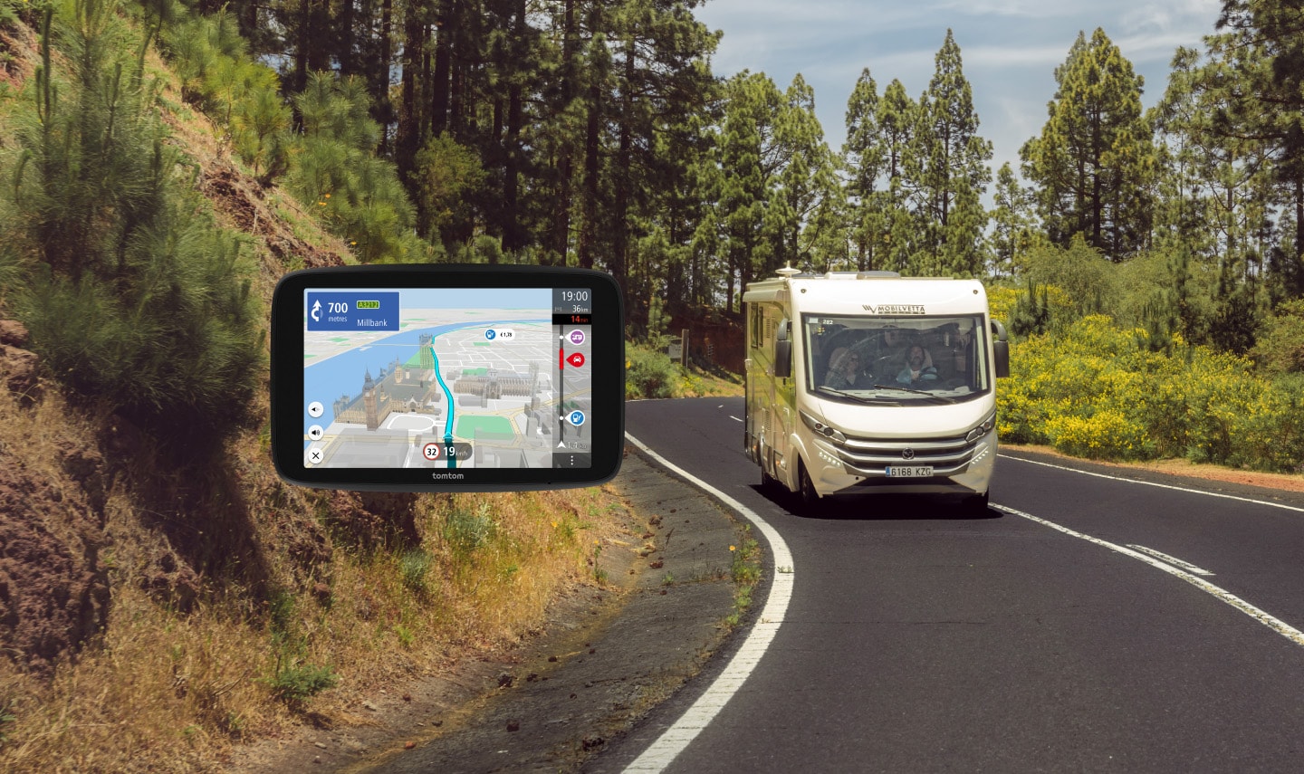 A camper and the compatible camper gps sat nav device