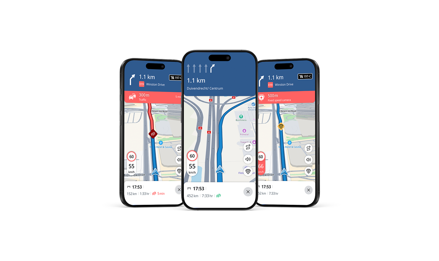 Three smartphones display GPS navigation maps with routes, traffic alerts, and speed limits on their screens.