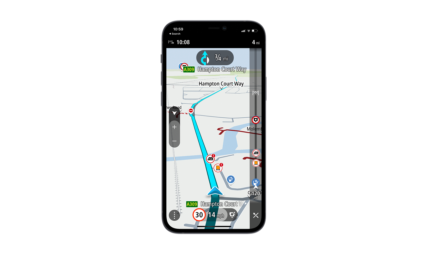 Smartphone displaying a navigation app with a route on Hampton Court Way, speed limit signs, and traffic indicators.