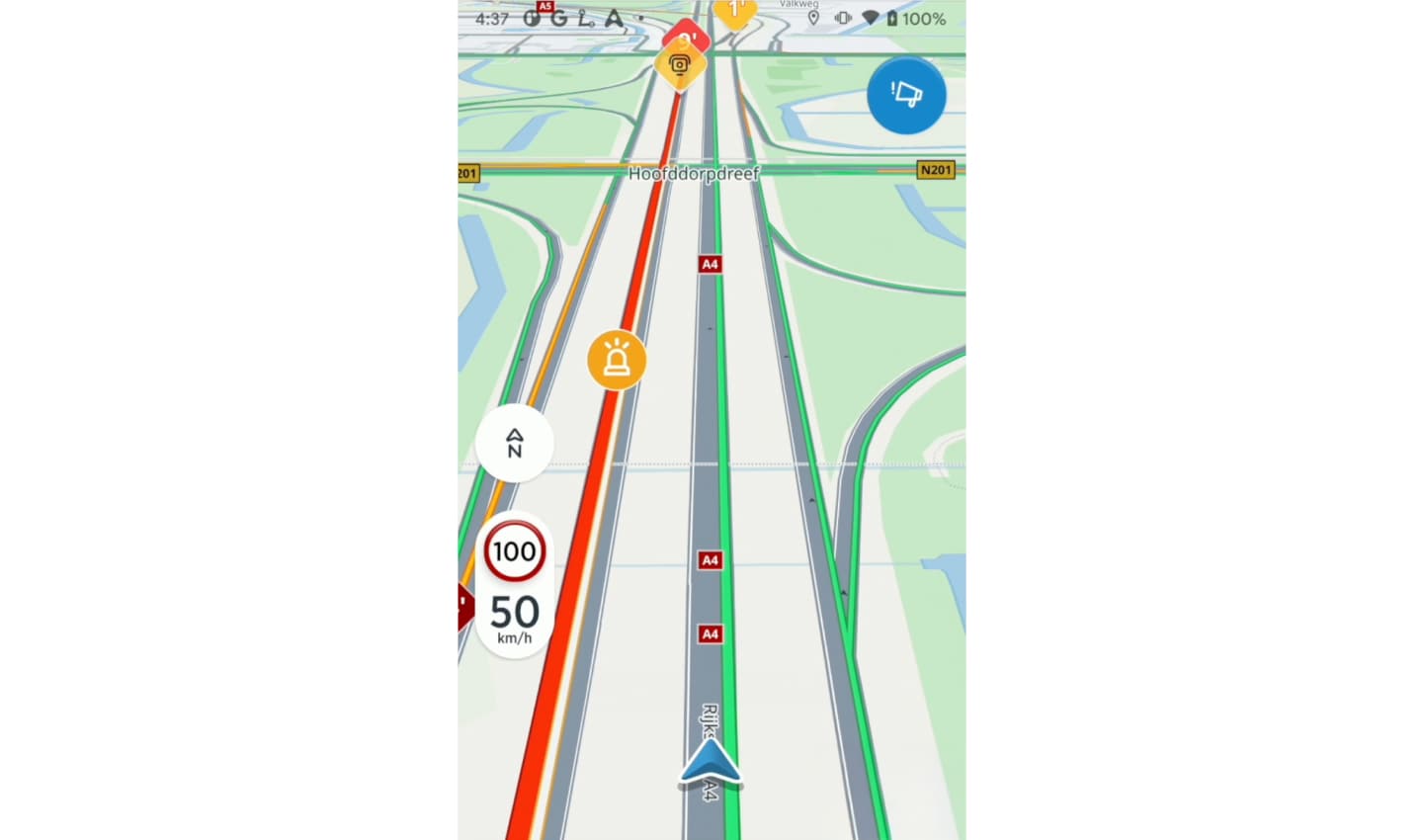A navigation app interface displaying a highway route with traffic conditions, showing speed limits of 50 km/h and indicating some delays with color-coded lanes.