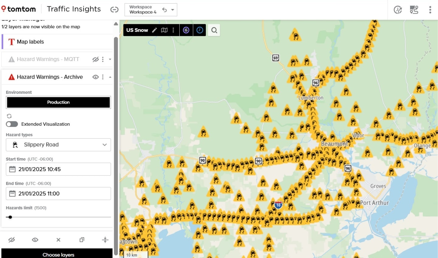 A map showing hazard warnings for slippery roads in the Beaumont area, marked with yellow warning icons, along with settings for traffic insights and time parameters.