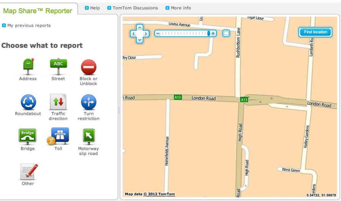 A screenshot of TomTom's MapShare portal from 2012.