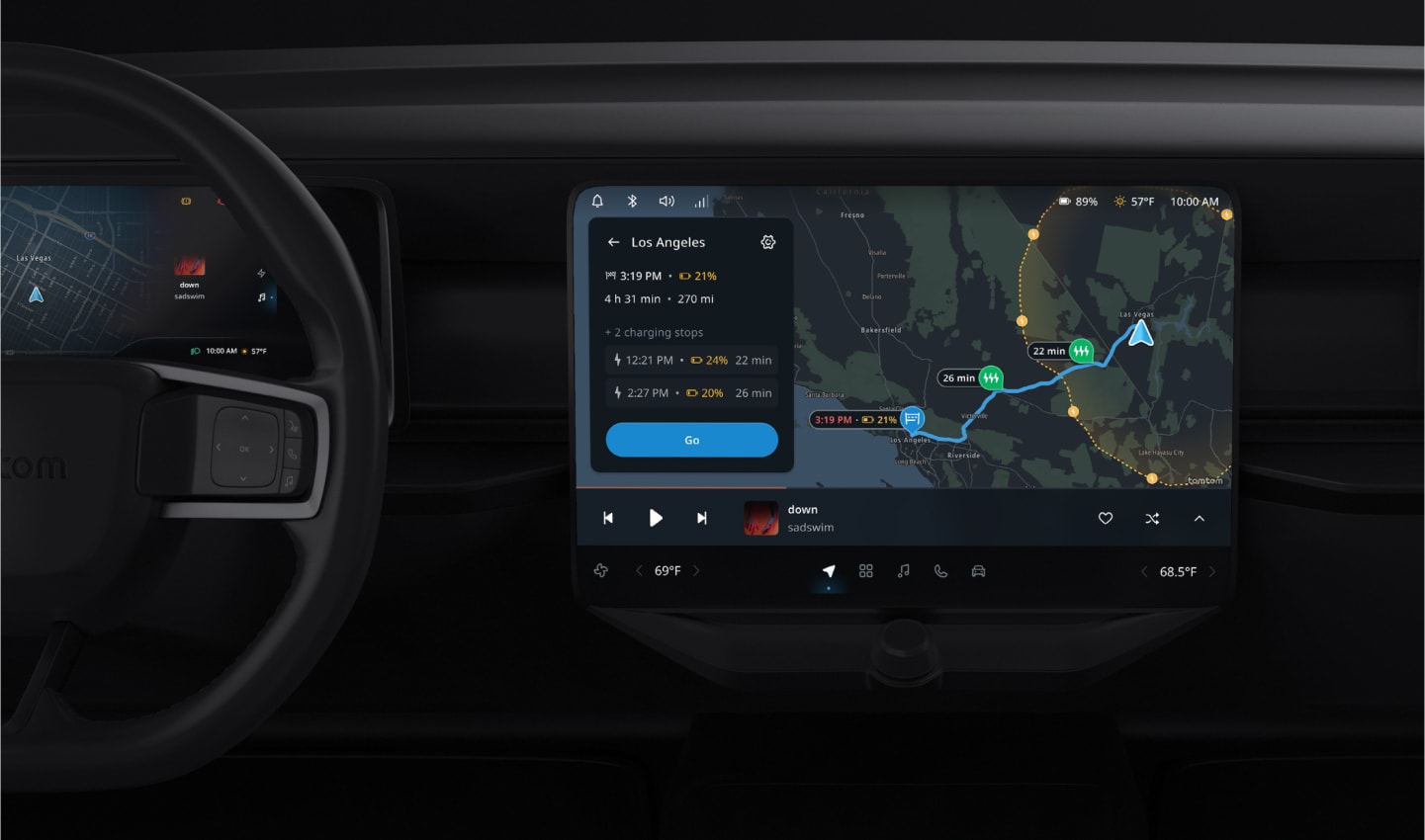 An image showing a route for an electric vehicle including charging stops