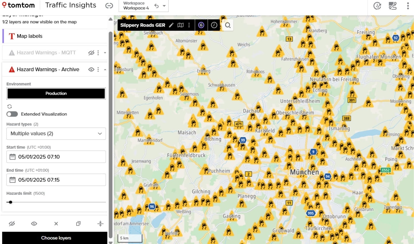 A map of Munich displaying numerous hazard warnings for slippery roads, marked by yellow warning icons, along with settings for traffic insights and hazard types.