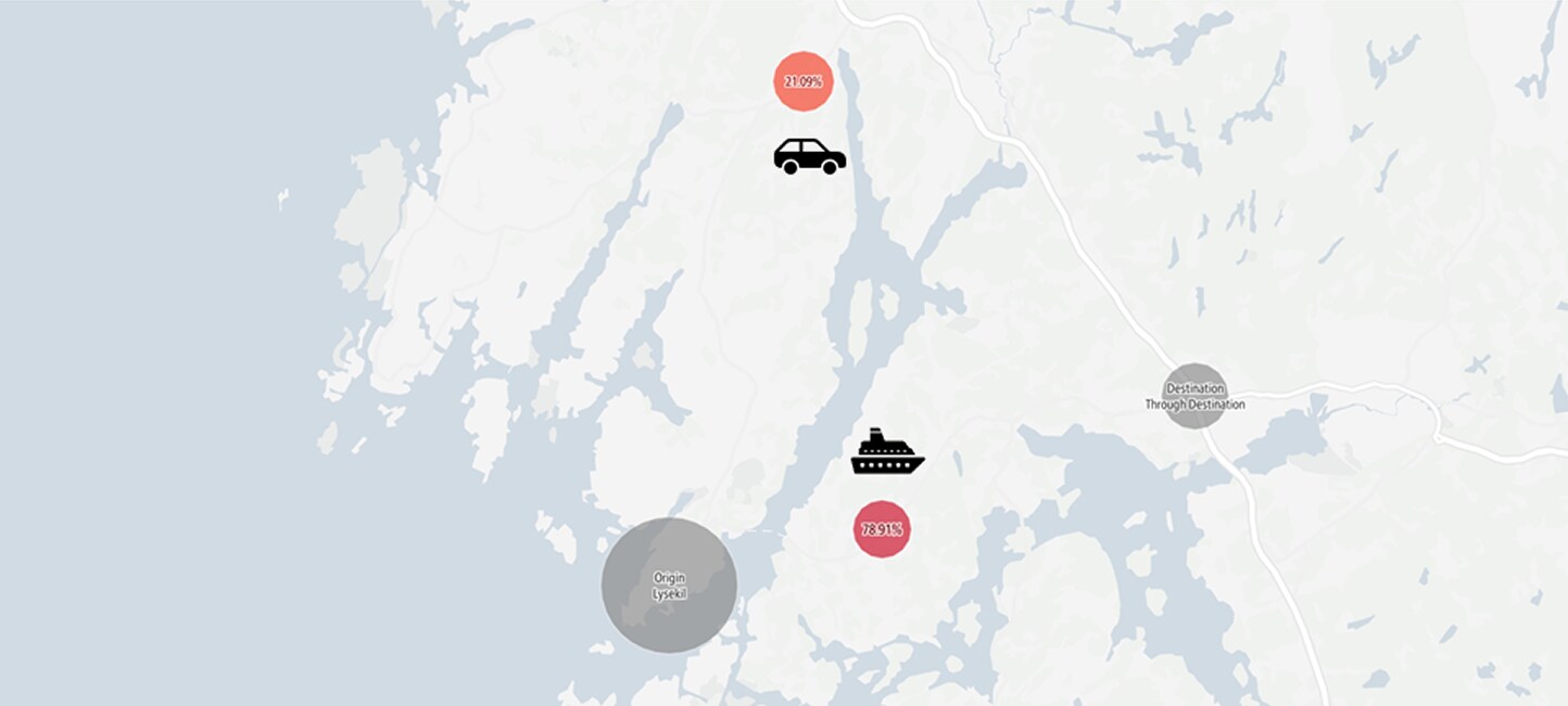A map displaying various transportation icons, including cars and boats, marked with red and gray circles on a coastal landscape.