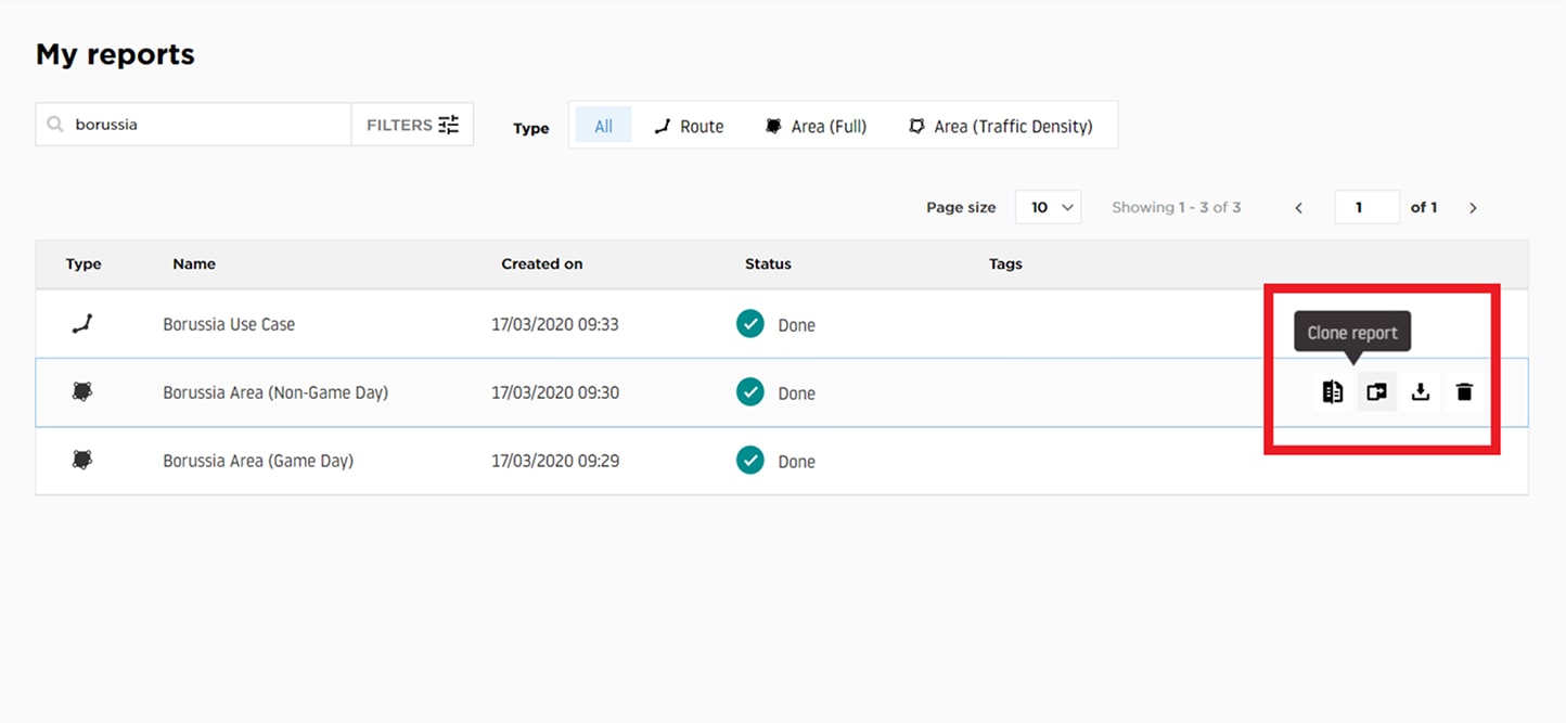 A report management interface displaying a list of reports related to Borussia, with options to clone, download, or delete each report.