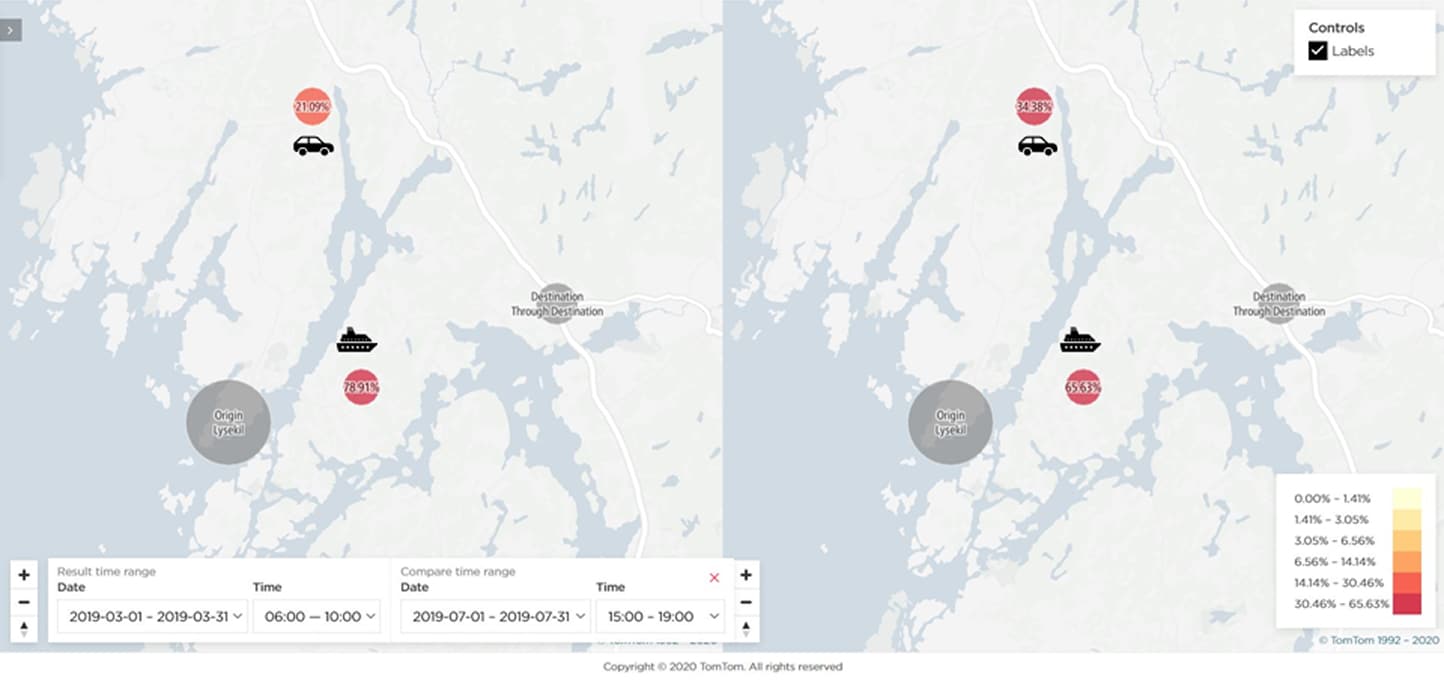 A comparative map showing transportation icons on the left and right, with date and time filters below, illustrating data variations over time.
