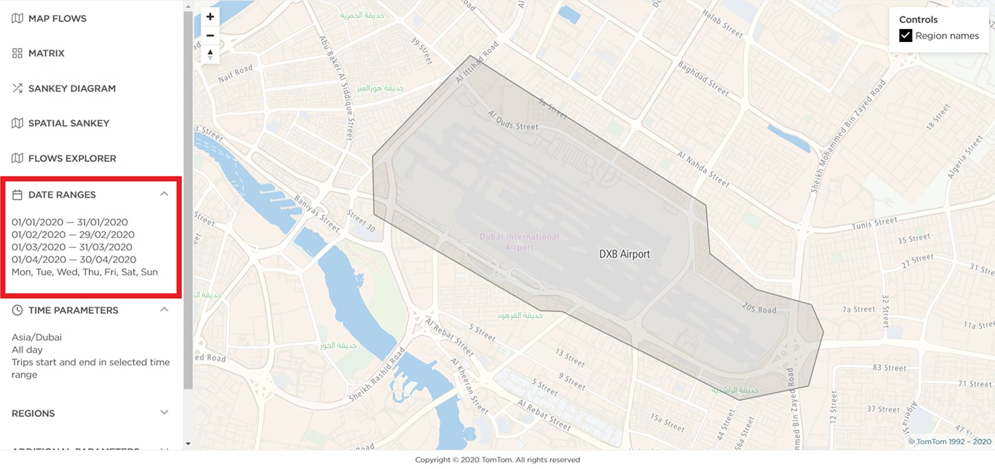 A map displaying Dubai International Airport (DXB) with a sidebar listing date ranges for data selection.