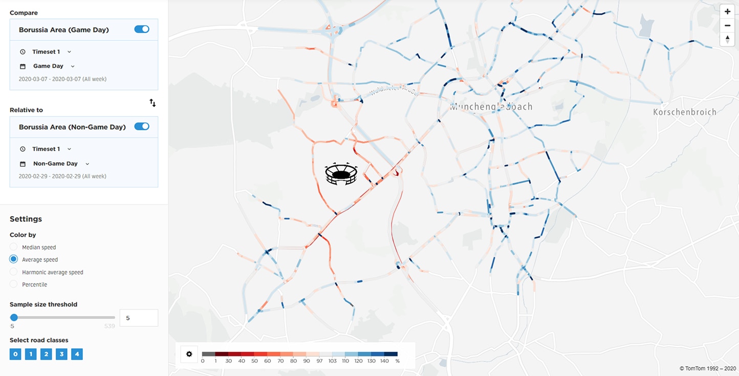 A traffic map visualizing data with color-coded routes in blue and red, accompanied by filtering options on the left side of the interface.