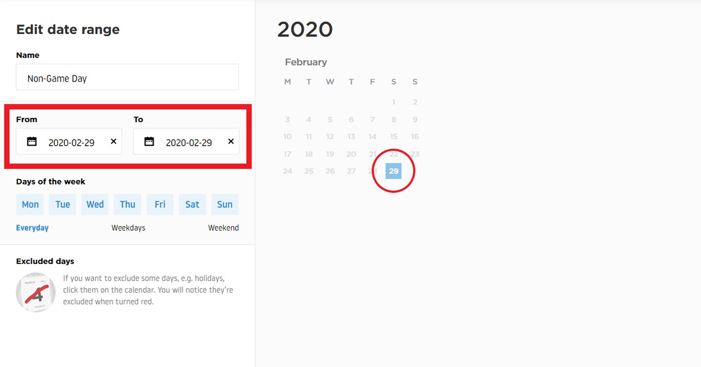 Image showing a date range editing interface, featuring options to select months and years on a calendar for February 2020.