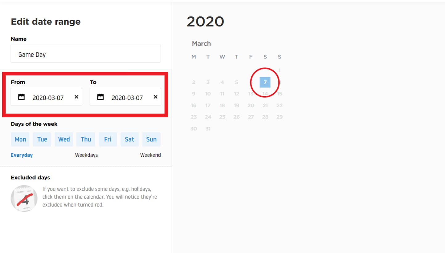 Interface for editing date ranges, displaying options for selecting start and end dates in the year 2020.