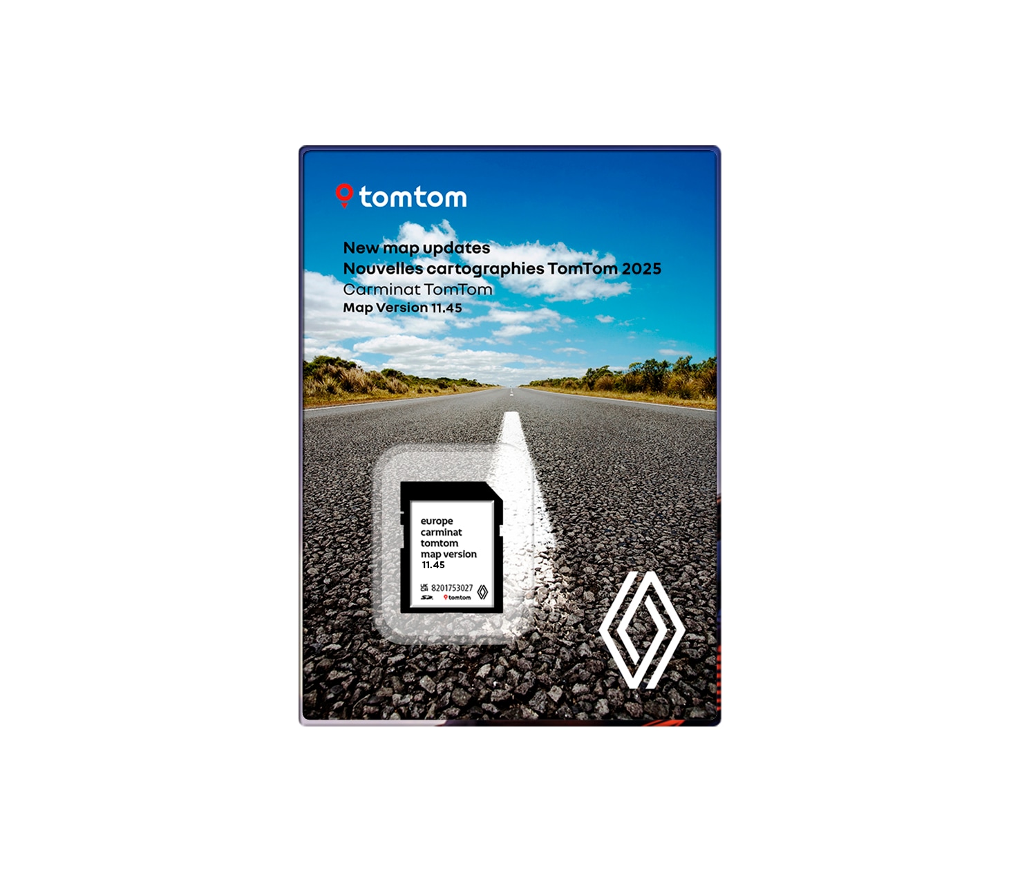 TomTom map update package for 2025, featuring a road with a central white line and a memory card for Europe map version 11.45.