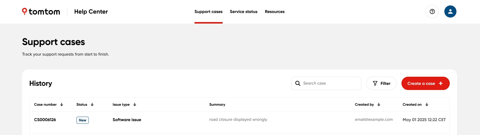 Screenshot of the TomTom Help Center's "Support cases" page. The page header includes tabs for Support cases, Service status, and Resources. Below, the "History" section displays a table listing past support cases.