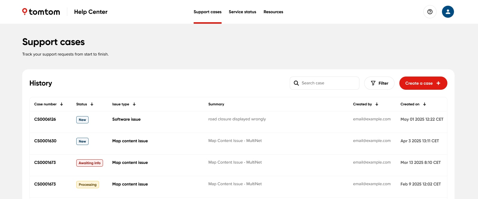 Screenshot of the TomTom Help Center's "Support cases" page. The page header includes tabs for Support cases, Service status, and Resources. Below, the "History" section displays a table listing past support cases.