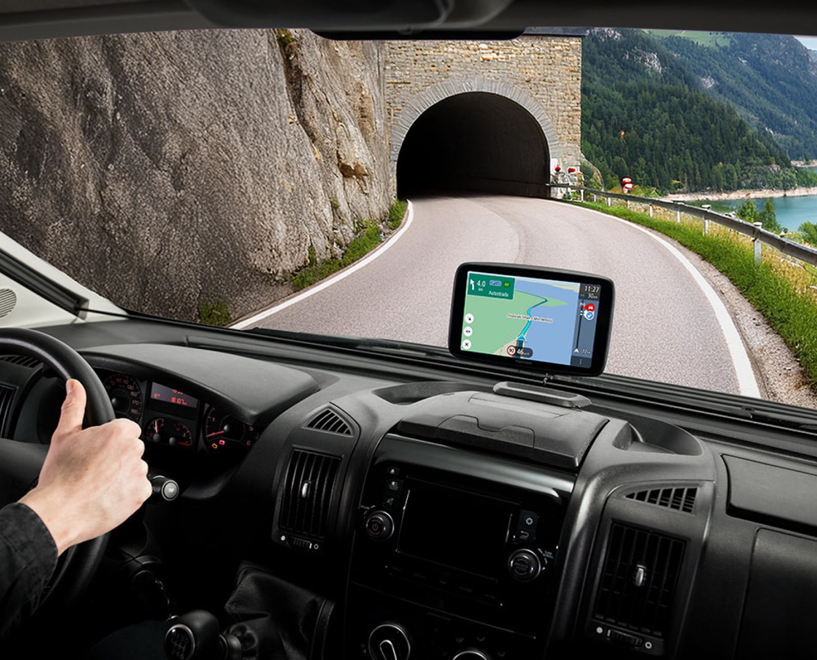 a camper with GO Camper Tour being use entering a tunnel