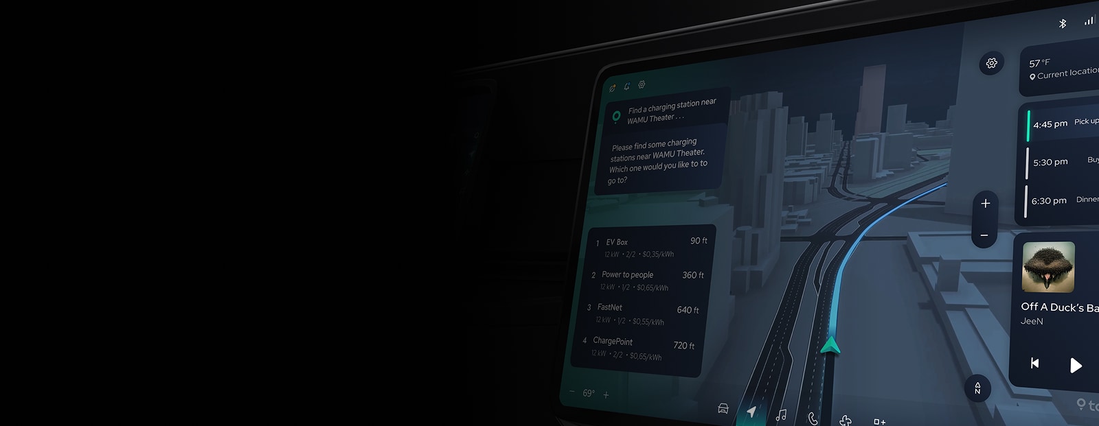 A car's digital dashboard displaying a 3D GPS map, route directions, and music controls on a dark background.