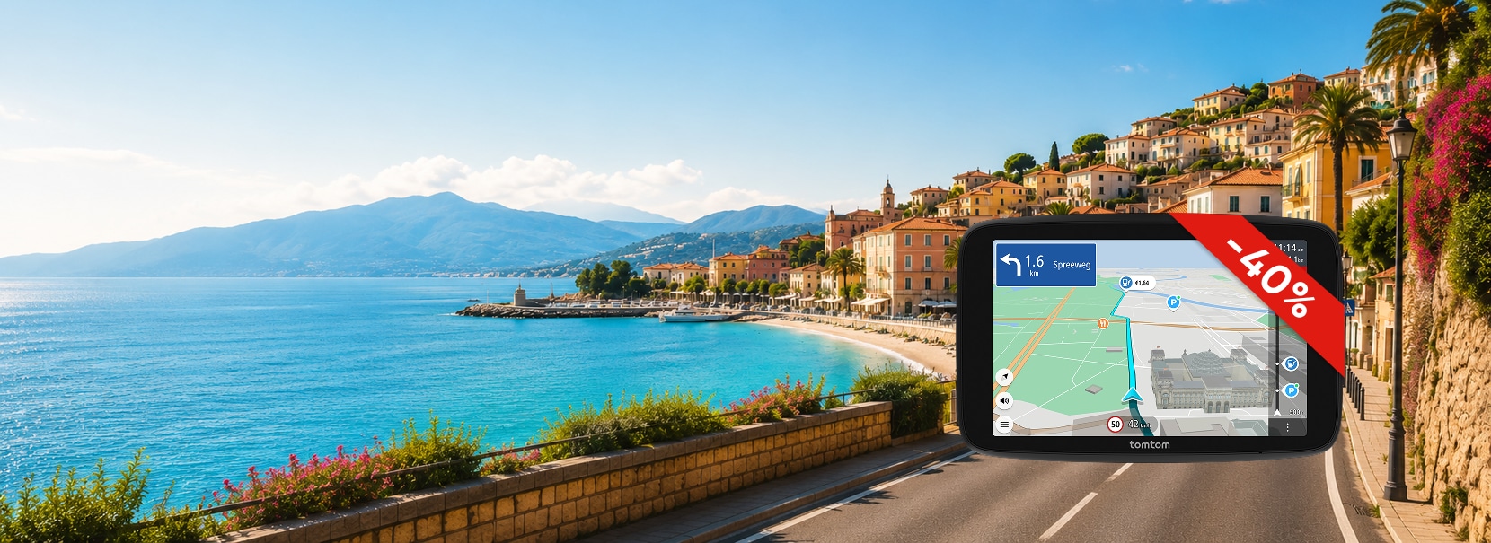 Coastal road with colorful hilltop buildings beside a bright blue sea, and a navigation gadget overlay showing a 40% discount banner.
