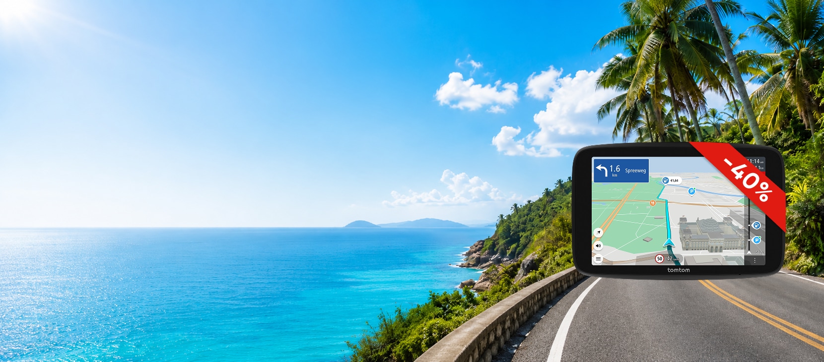 GPS device showing a map with a 40% discount label, set against a tropical coastal road with palm trees and blue ocean.