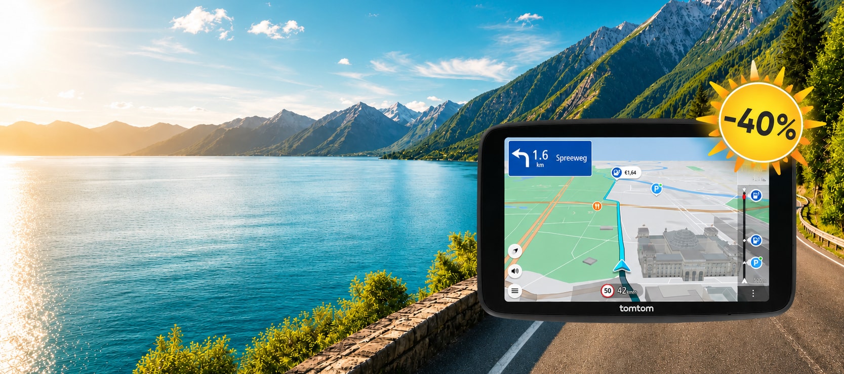 GPS device showing a route with a scenic mountain lake view in the background and a -40% discount badge.