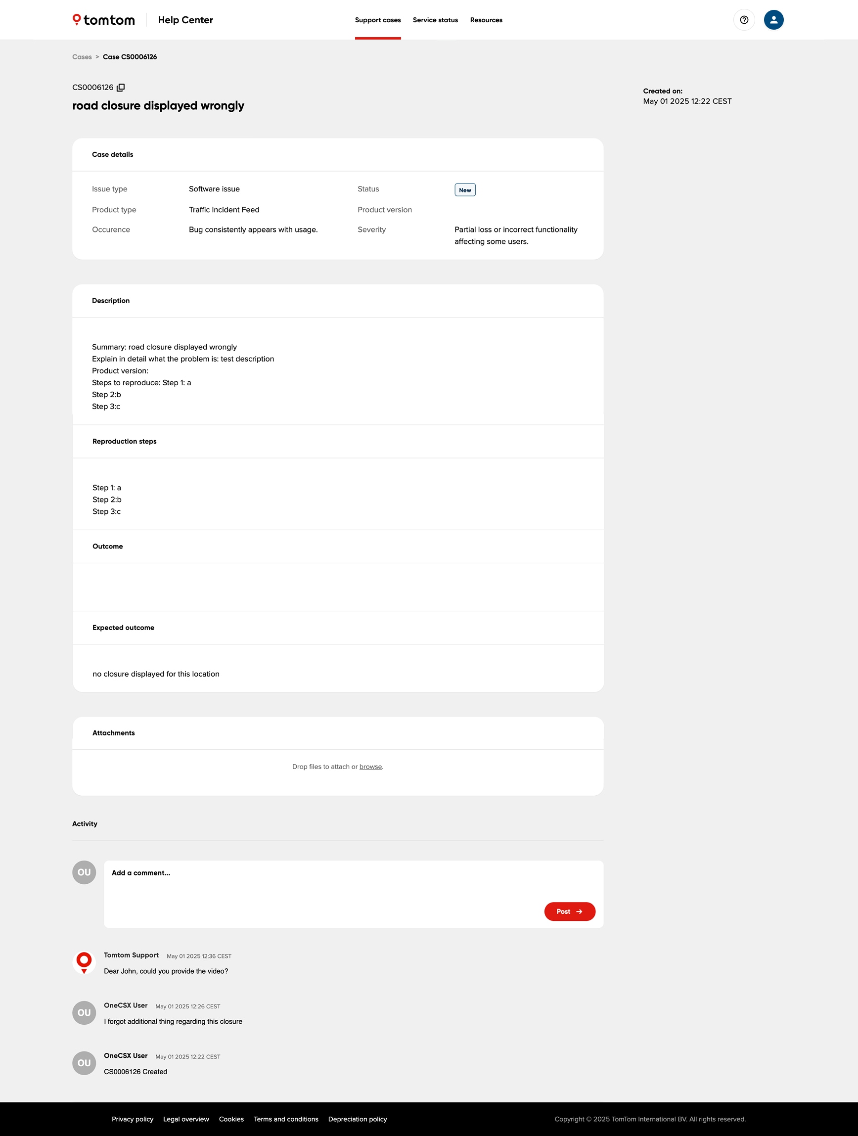 Screenshot of a detailed support case page in the TomTom Help Center.