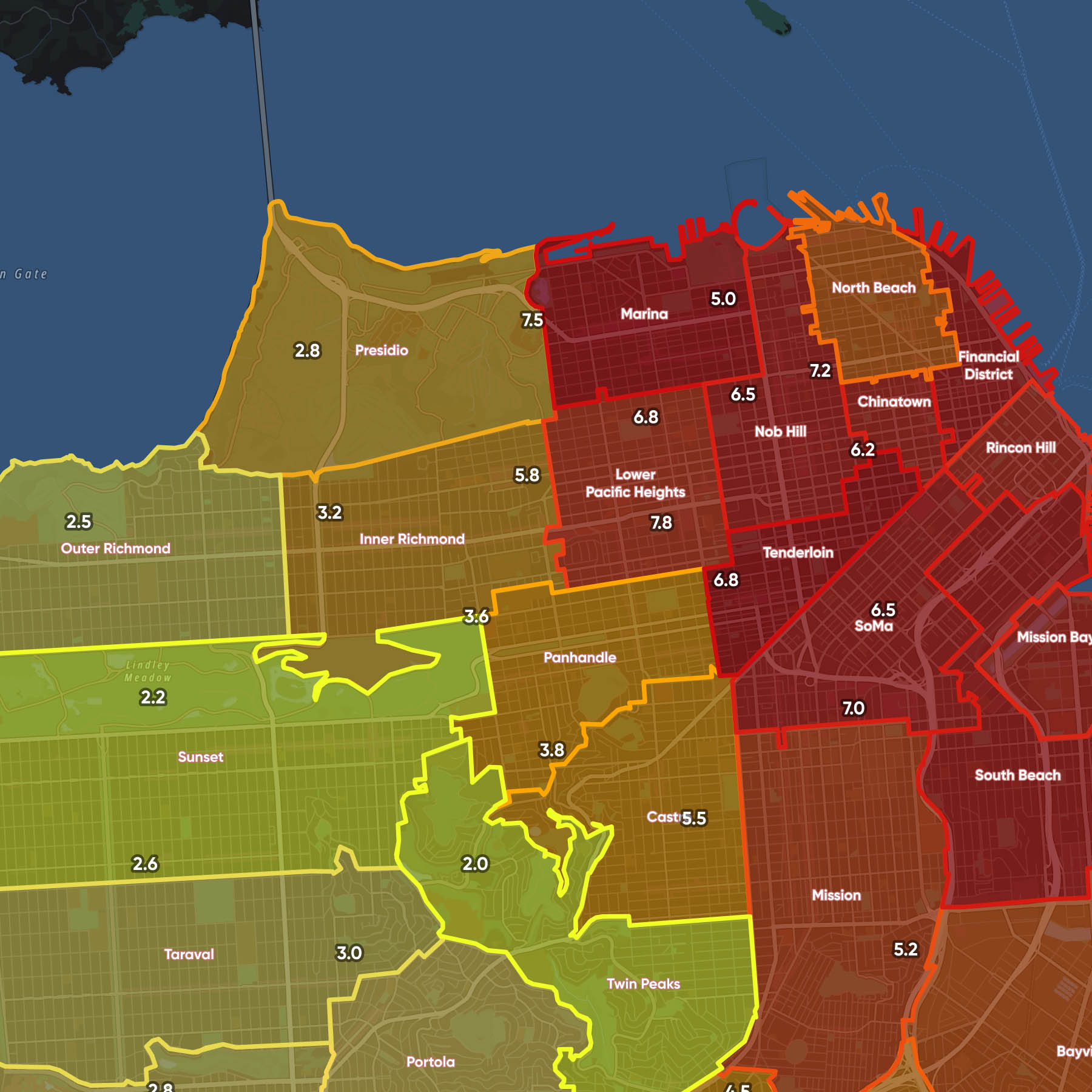 Map of San Francisco neighborhoods with color-coded regions indicating different numeric values, ranging from 2.0 to 8.0.
