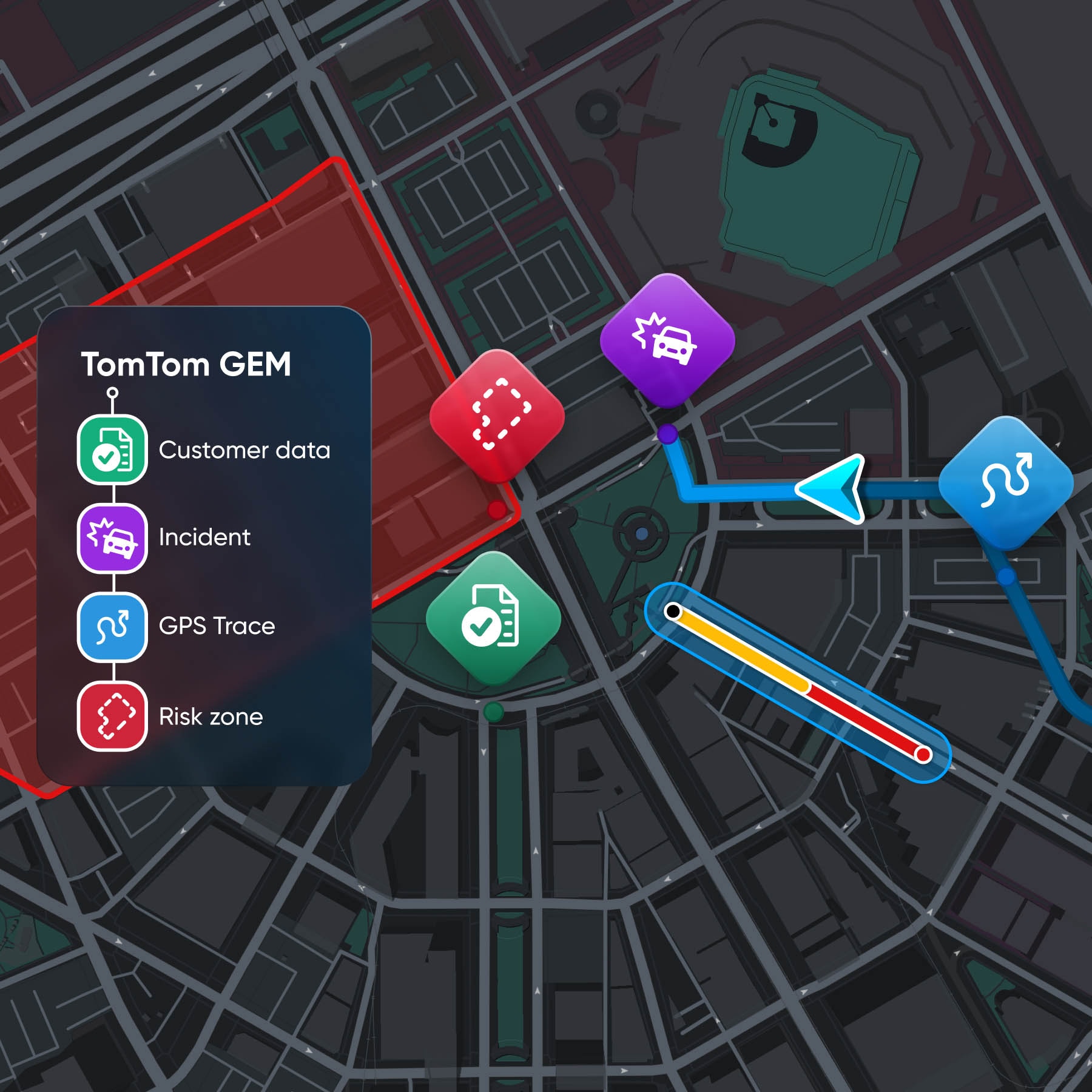 A digital map highlighting customer data, incidents, GPS traces, and risk zones with colorful icons and a route overlay.