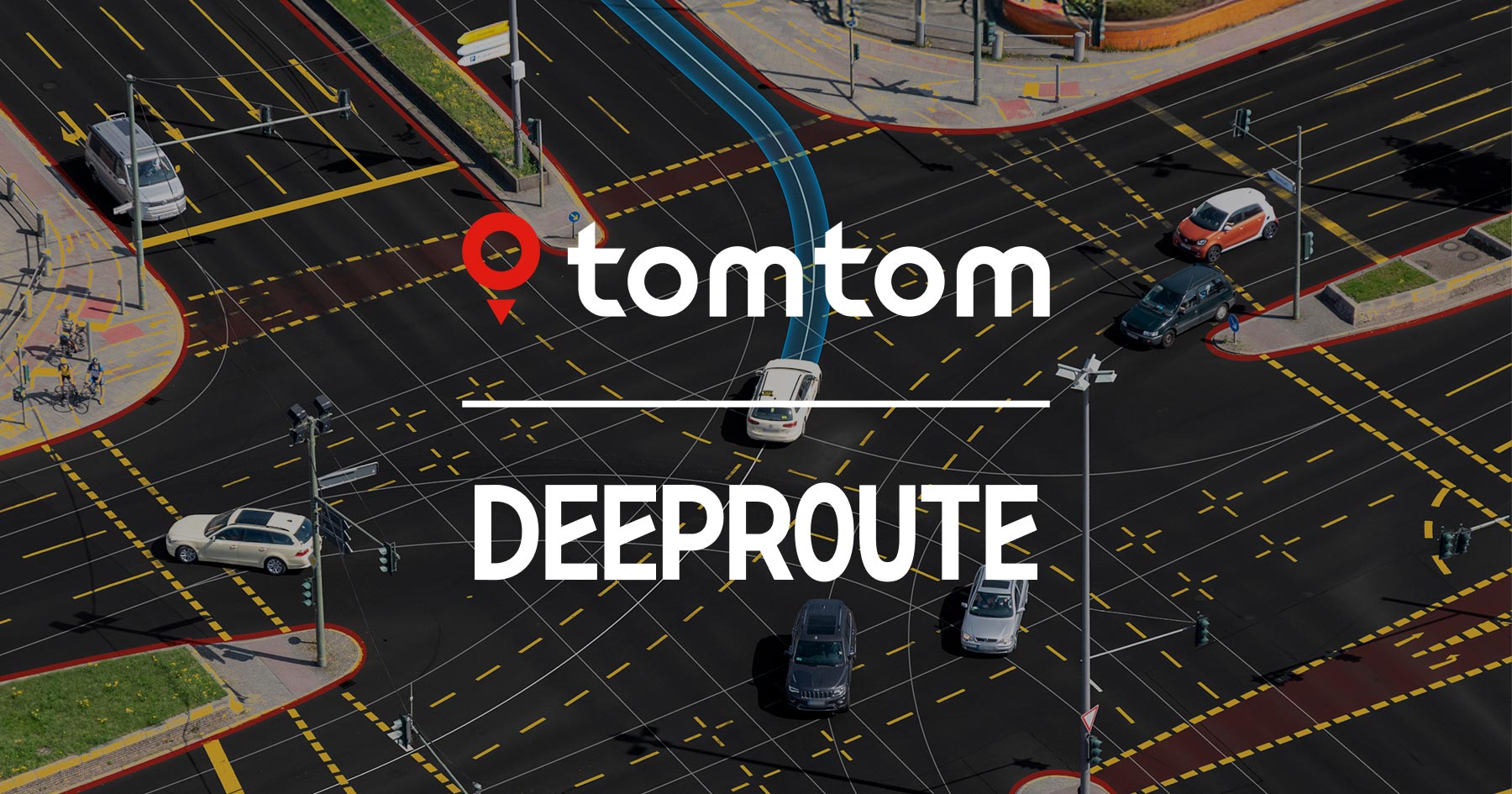 Aerial view of a busy urban intersection with multiple cars and cyclists, superimposed with the logos of TomTom and DeepRoute.