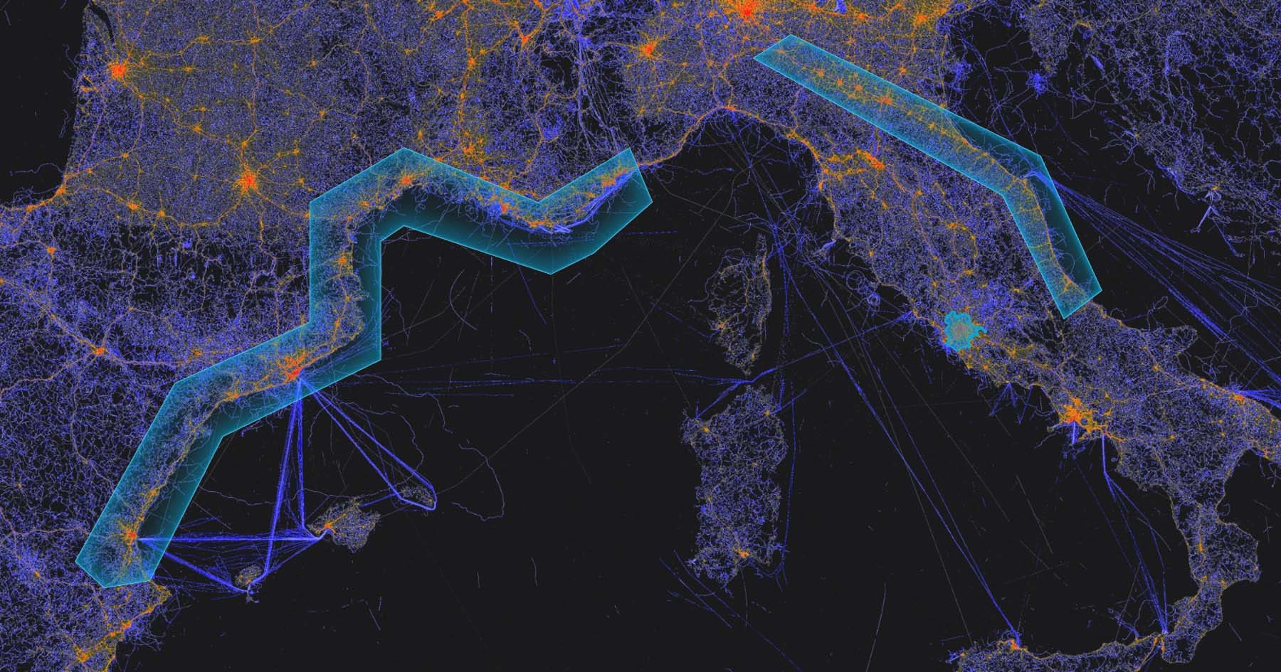 Map of Europe with glowing orange and blue lines representing connections or traffic routes, highlighted by two cyan polygons.